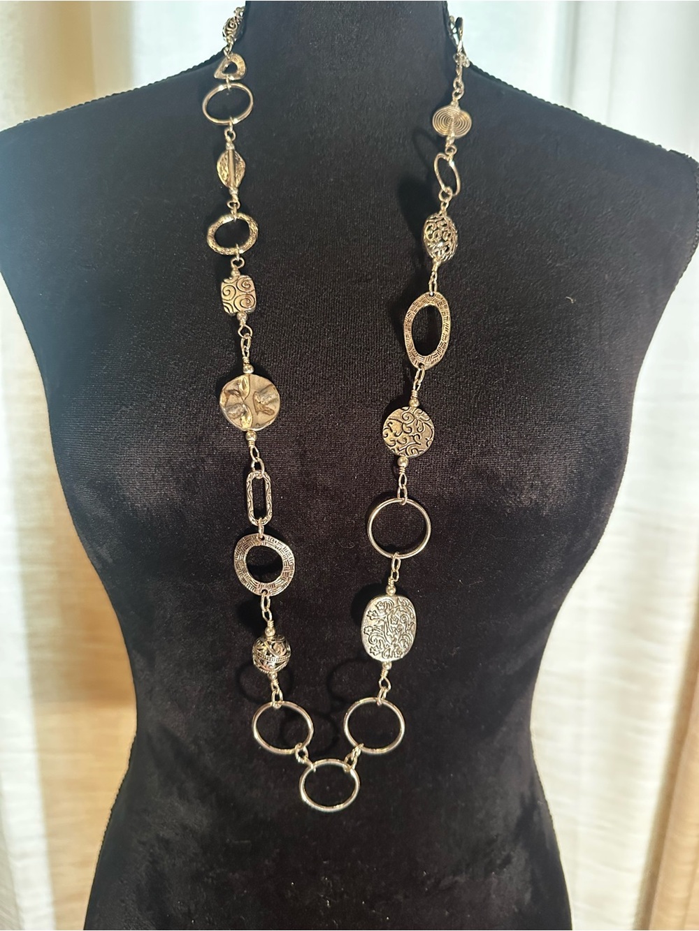 Long Silver-Tone Decorative Link Necklace